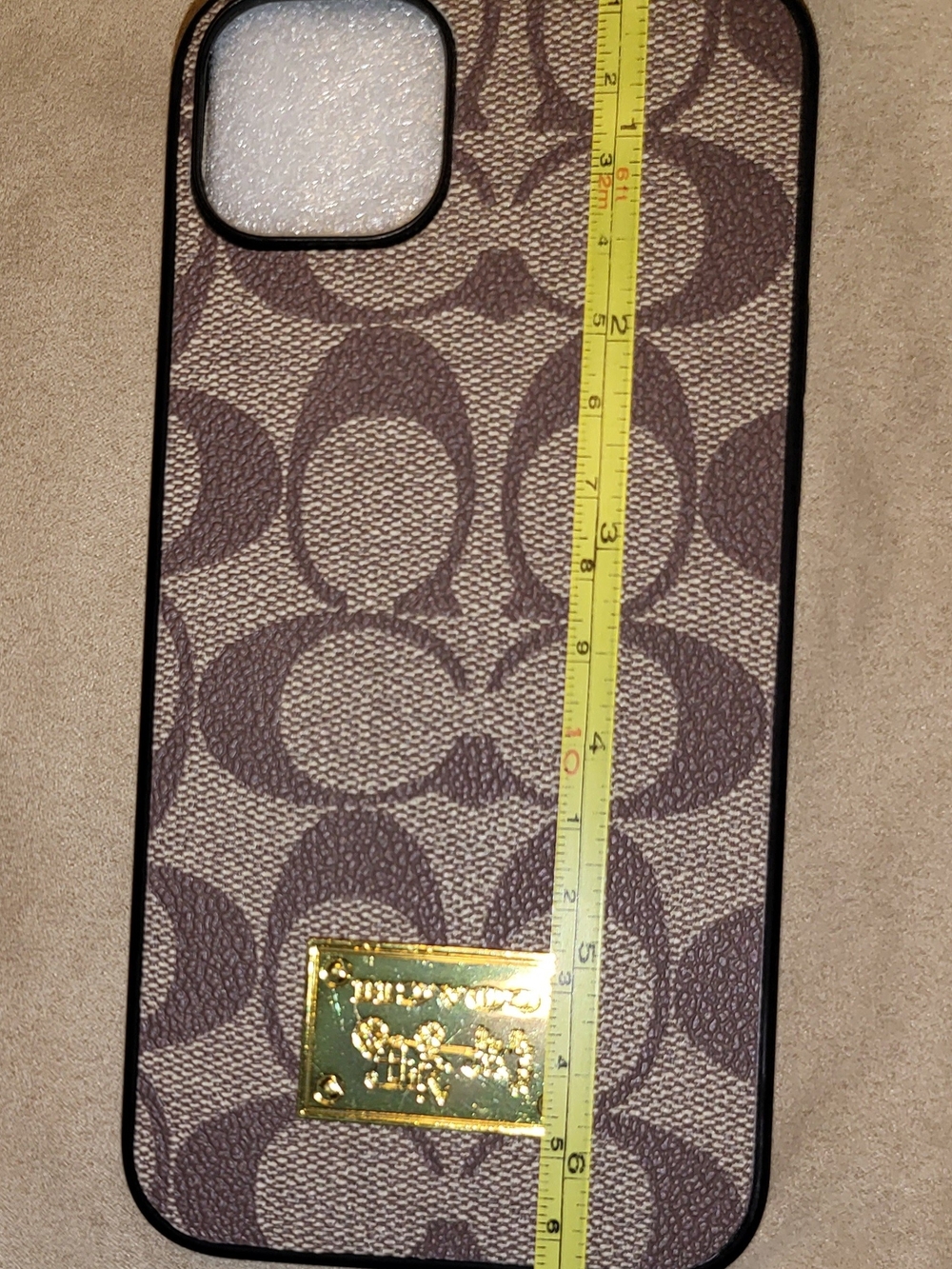 Designer-Style Inspired Brown Logo Pattern Phone Case with Gold Accent